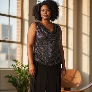 R&M Richards Black Sequin Drape Jumpsuit